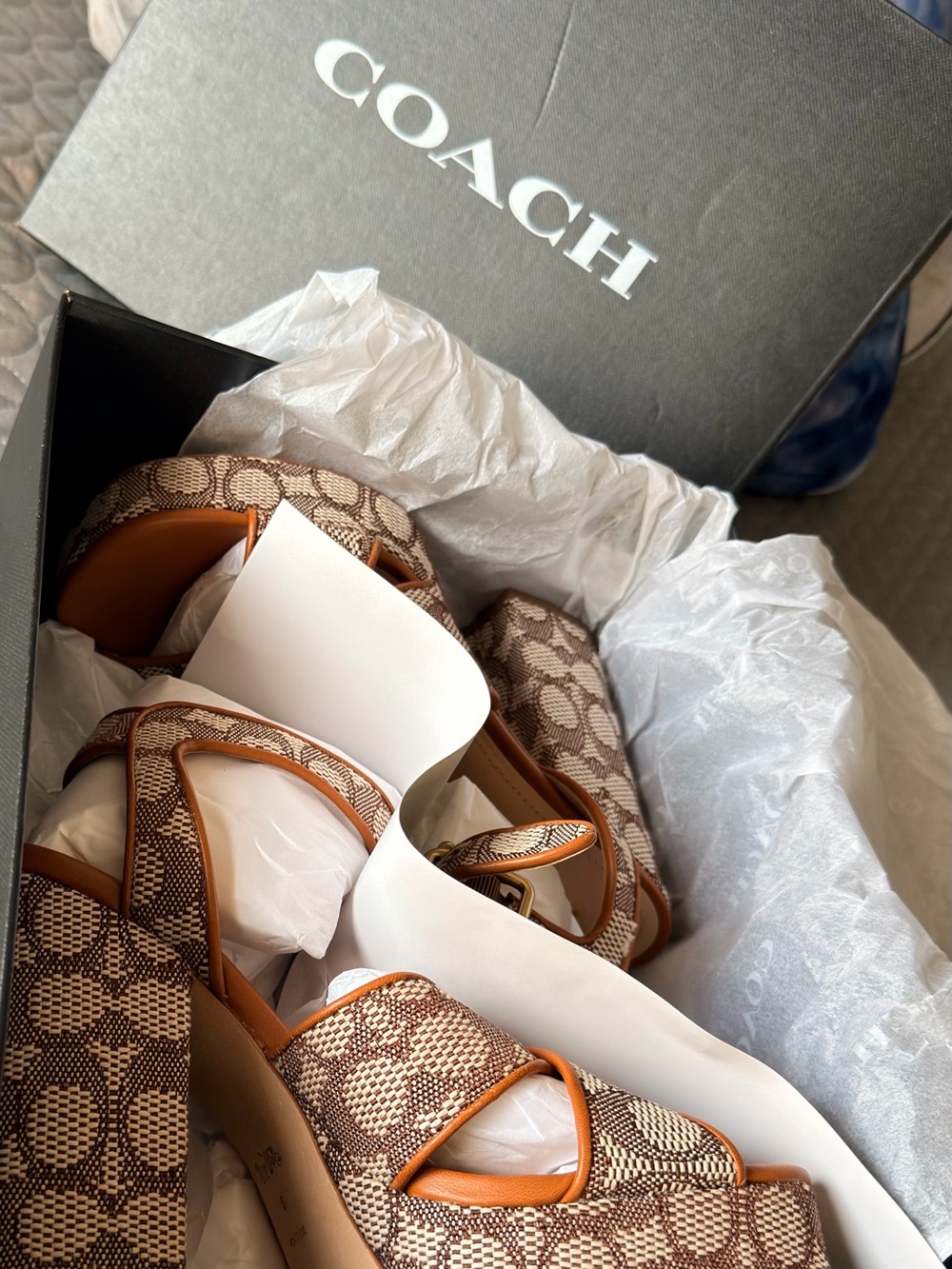 Coach Brown & Cream Canvas Platform Sandals with Ankle Strap - Picture 10 of 10